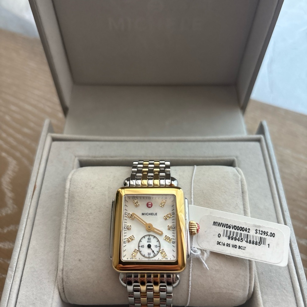 Michele Deco Mid Two-Tone Steel Diamond Rectangle Womens Watch